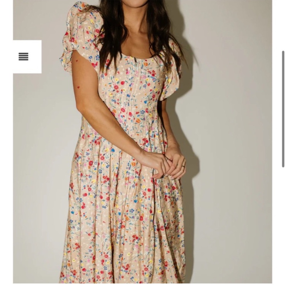 Floral Puff-Sleeve Midi Dress in Cream